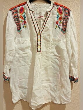 Johnny Was White Embroidered Blouse with Multicolor Trim